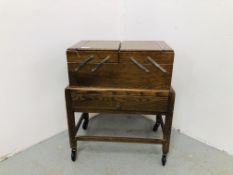 UNUSUAL VINTAGE CANTILEVER SEWING BOX ON A SINGLE DRAWER BASE - H 57CM X W 50CM X D 28CM