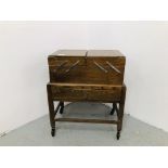 UNUSUAL VINTAGE CANTILEVER SEWING BOX ON A SINGLE DRAWER BASE - H 57CM X W 50CM X D 28CM