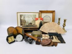 BOX OF MIXED COLLECTIBLES TO INCLUDE A VINTAGE LORDS PRAYER IN BURR WALNUT FRAME, MONEY TIN,