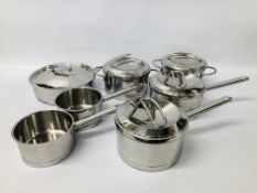 BOX OF GOOD QUALITY STAINLESS STEEL SAUCEPANS TO INCLUDE 6 DEMEYERE SAUCEPANS AND ONE HACKMAN