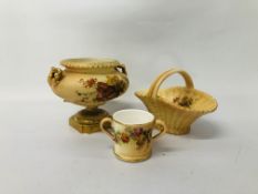 3 PIECES OF ROYAL WORCESTER BLUSH TO INCLUDE A BASKET, SMALL TWO HANDLED CUP,