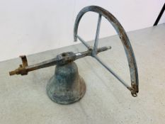 ANTIQUE CAST BELL D 32CM MOUNT L 74CM.