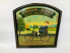 A WOODEN REPRODUCTION ROBINSON AND JACKSON BICYCLE MANUFACTURERS SIGN