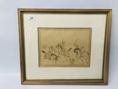 A FRAMED DRAWING IN CHINESE STYLE OF MOUNTED WARRIORS ATTACKING LION 22 X 28CM.