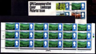 GB: 1966 LANDSCAPES 6d MNH BLOCK OF 18 AND SINGLE ON FDC SHOWING 2mm UPWARD SHIFT OF GREEN