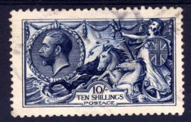 GB: 1913 WATERLOW 10/- INDIGO BLUE LIGHTLY USED,