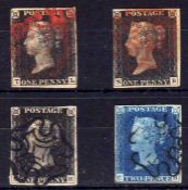GB: 1840 1d BLACKS (3) AND 2d BLUE ALL USED, THREE OR FOUR CLOSE MARGINED EXAMPLES,