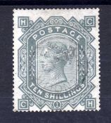 GB: 1867-83 10/- GREENISH GREY WMK MALTESE CROSS USED CANCELLED LIGHT 1882 GREENOCK CDS,