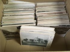 BOX OF MIXED POSTCARDS IN TWO ALBUMS AND LOOSE, MOLD, COALBROOKDALE, SCOTLAND, COMIC, PETTSWOOD RP,