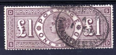 GB: 1884 £1 BROWN LILAC WMK THREE CROWNS, USED CANCELLED REG.