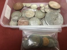 TUB OF MAINLY GB SILVER COINS, 1889 CROWN (2), BAG OF FORGERIES, ETC.