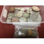 TUB OF MAINLY GB SILVER COINS, 1889 CROWN (2), BAG OF FORGERIES, ETC.