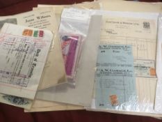 BOX OF MIXED EPHEMERA, DOCUMENTS, RECEIPTS ETC, SOME WITH REVENUES, LABELS,