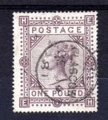 GB: 1867-83 £1 BROWN LILAC WMK MALTESE CROSS USED CANCELLED NEAT 1881 GLASGOW CDS,