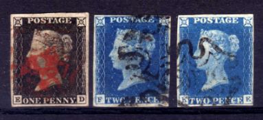 GB: 1840 1d BLACK ED, 2d BLUES FD AND KG, ALL FOUR MARGINS USED,