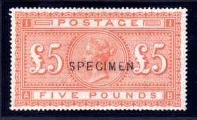 GB: 1867-83 £5 ON WHITE PAPER OG SPECIMEN TYPE 11 SG 137s