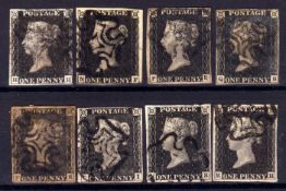 GB: 1840 1d BLACKS, EIGHT USED EXAMPLES, MAINLY THREE OR FOUR MARGINS, CANCELLED BLACK MX,