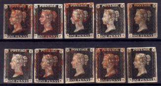 GB: 1840 1d BLACKS, TEN USED EXAMPLES, ALL FOUR MARGINS, AND CANCELLED RED MX,