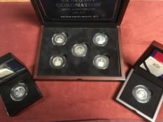ISLE OF MAN: 2018 SILVER PROOF 50p IN CASES, CORONATION ANNIVERSARY SET OF FIVE PLUS SINGLE,
