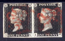 GB: 1840 1d BLACK PLATE 2 IG-IH PAIR, FOUR CLOSE TO GOOD MARGINS,