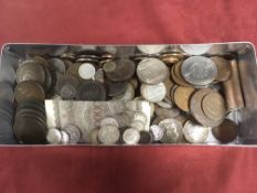 TIN MIXED COINS, OLDER COPPER INCLUDING CARTWHEEL TWOPENCE, SEVERAL PENNIES, FEW SILVER, ETC.