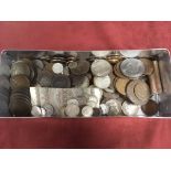 TIN MIXED COINS, OLDER COPPER INCLUDING CARTWHEEL TWOPENCE, SEVERAL PENNIES, FEW SILVER, ETC.