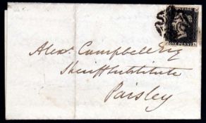 GB: 1841 APRIL 14th EL. GREENOCK TO PAISLEY BEARING 1d BLACK PLATE 6 JL.