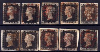 GB: 1840 1d BLACKS, TEN USED EXAMPLES, MAINLY THREE MARGINS AND CANCELLED RED MX,