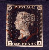 GB: 1840 1d BLACK PLATE 6 TJ FINE USED, FOUR MARGINS,