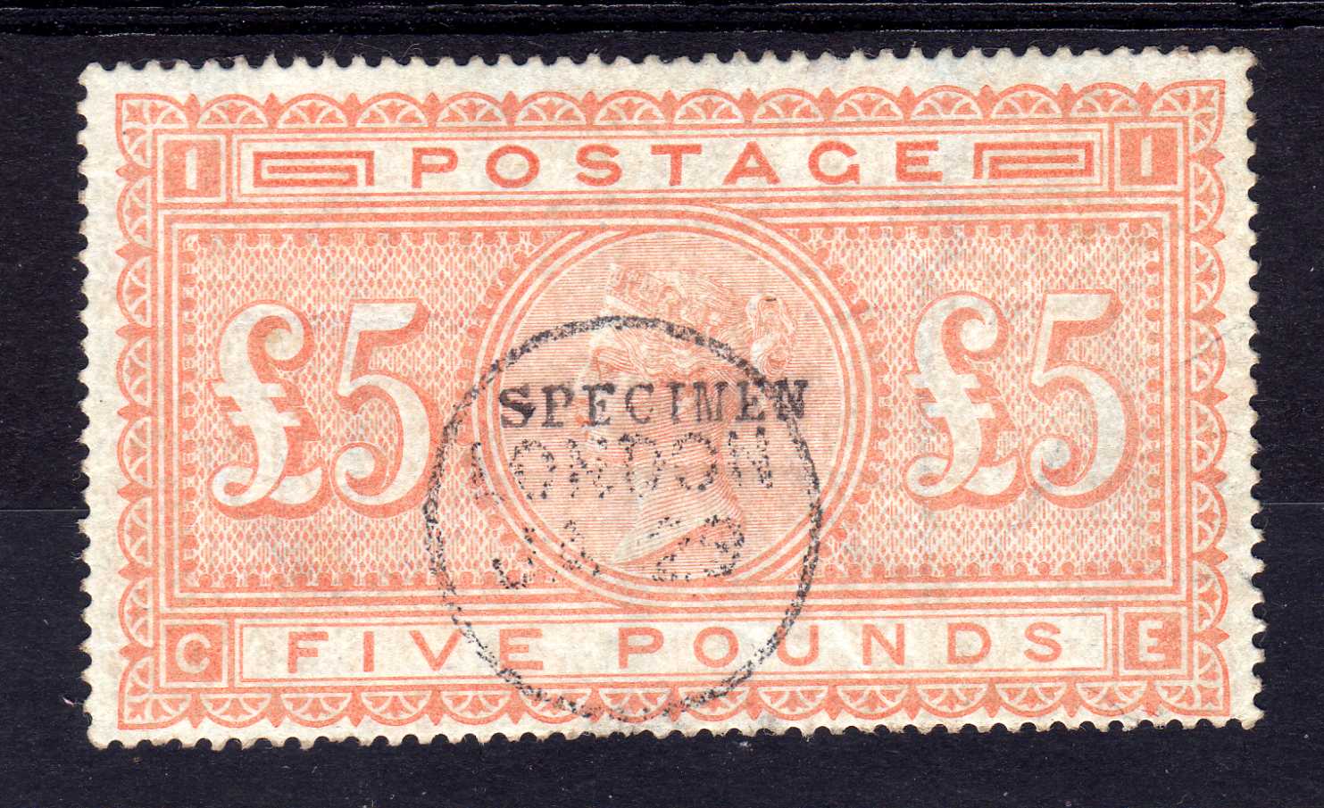 GB: 1867-83 £5 ON BLUED PAPER OPT SPECIMEN TYPE 9, WITH A FAKED LONDON CDS, FADED AND SMALL FAULTS,
