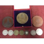 MEDALLIONS INCLUDING 1902 CORONATION, 59mm BRONZE MEDAL IN BOX, 31mm SILVER, ETC.