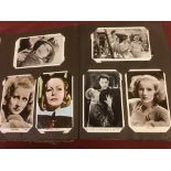 OLD ALBUM WITH A COLLECTION CINEMA STAR POSTCARDS, GRETA GARBO, DOUGLAS FAIRBANKS, ROBERT TAYLOR,