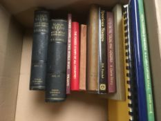 BOX OF BOOKS RELATING TO STAMP FORGERIES INCLUDING ALBUM WEEDS,