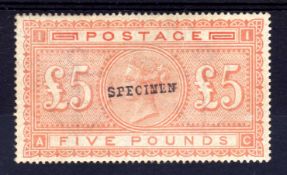 GB: 1867-83 £5 ON BLUED PAPER, UNUSED, RE-GUMMED, OPT SPECIMEN TYPE 9,