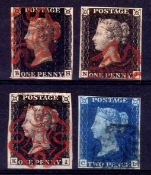 GB: 1840 1d BLACKS (3) AND 2d BLUE, THREE OR FOUR MARGINS,