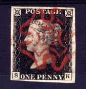 GB: 1840 1d BLACK PLATE 1b SK FINE USED FOUR MARGINS,