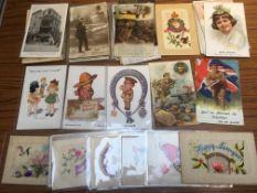 MIXED POSTCARDS WWI MILITARY INTEREST, COMIC, PATRIOTIC, SCENES, BOMB DAMAGE, FPO POSTMARKS,