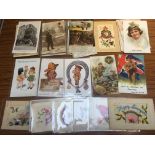 MIXED POSTCARDS WWI MILITARY INTEREST, COMIC, PATRIOTIC, SCENES, BOMB DAMAGE, FPO POSTMARKS,