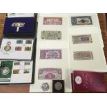 FILE BOX MIXED COINS WITH 1935 CROWN, 2010 SILVER BRITANNIA, MEDALLIC FIRST DAY COVERS,