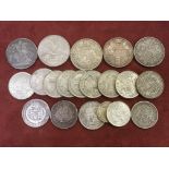 TUB OF MAINLY GB SILVER COINS, CROWNS WITH 1821, 1935, 1937, DOUBLE FLORINS 1887, 1890,