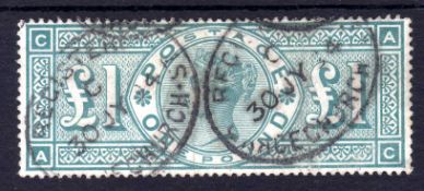 GB: 1891 £1 GREEN USED CANCELLED REG OVALS,