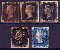 GB: 1840 1d BLACKS (4) AND 2d BLUE, ALL USED, MIXED MARGINS,