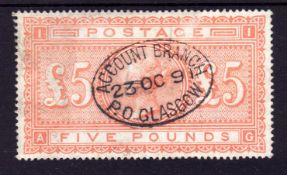 GB: 1867-83 £5 ON WHITE PAPER USED CANCELLED ACCOUNTS BRANCH/PO GLASGOW OVAL D/S,