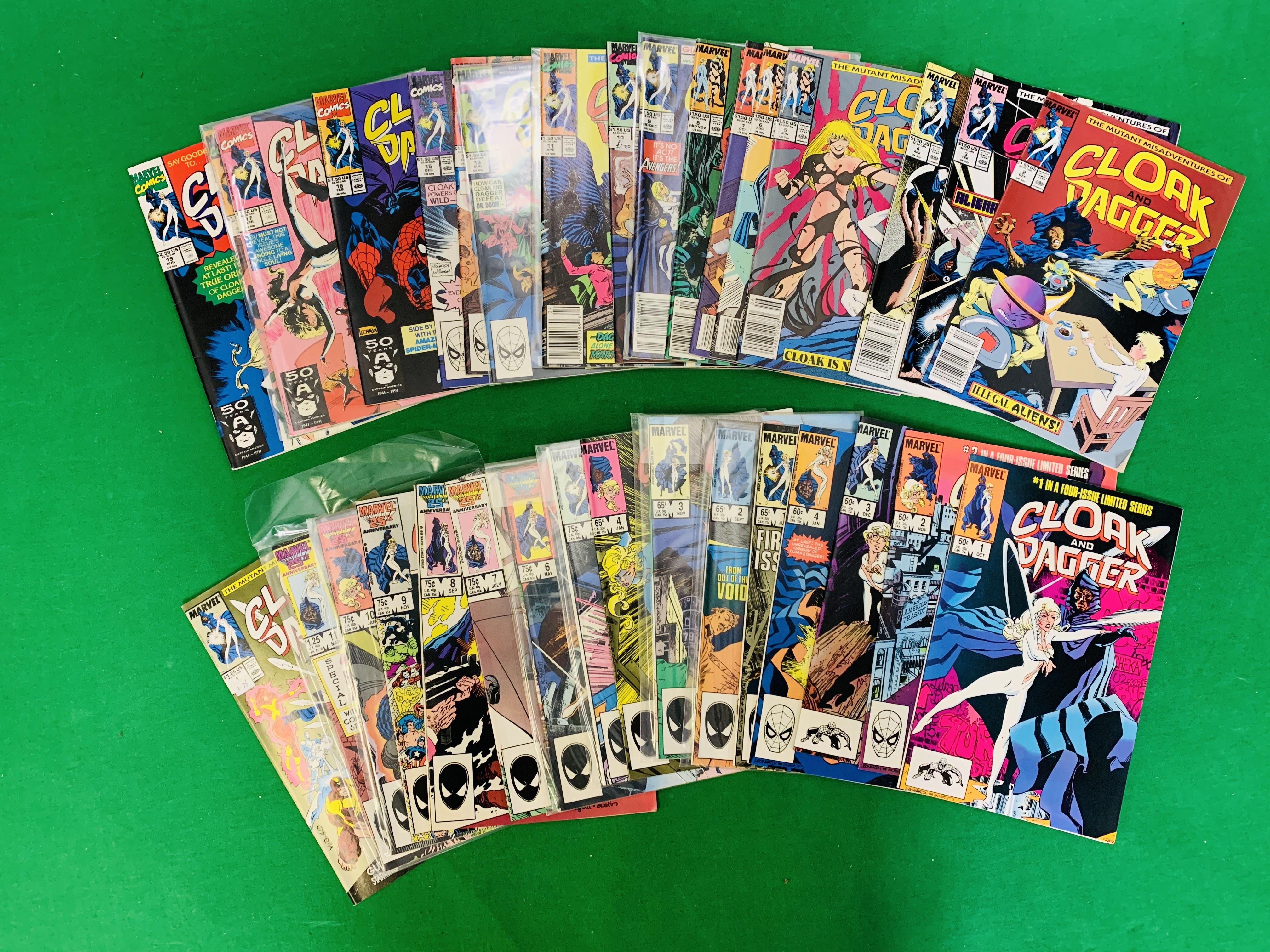 MARVEL COMICS CLOAK AND DAGGER NO. 1 - 4 FROM 1983, NO. 1 - 11 FROM 1985, NO. 1 - 19 FROM 1988.