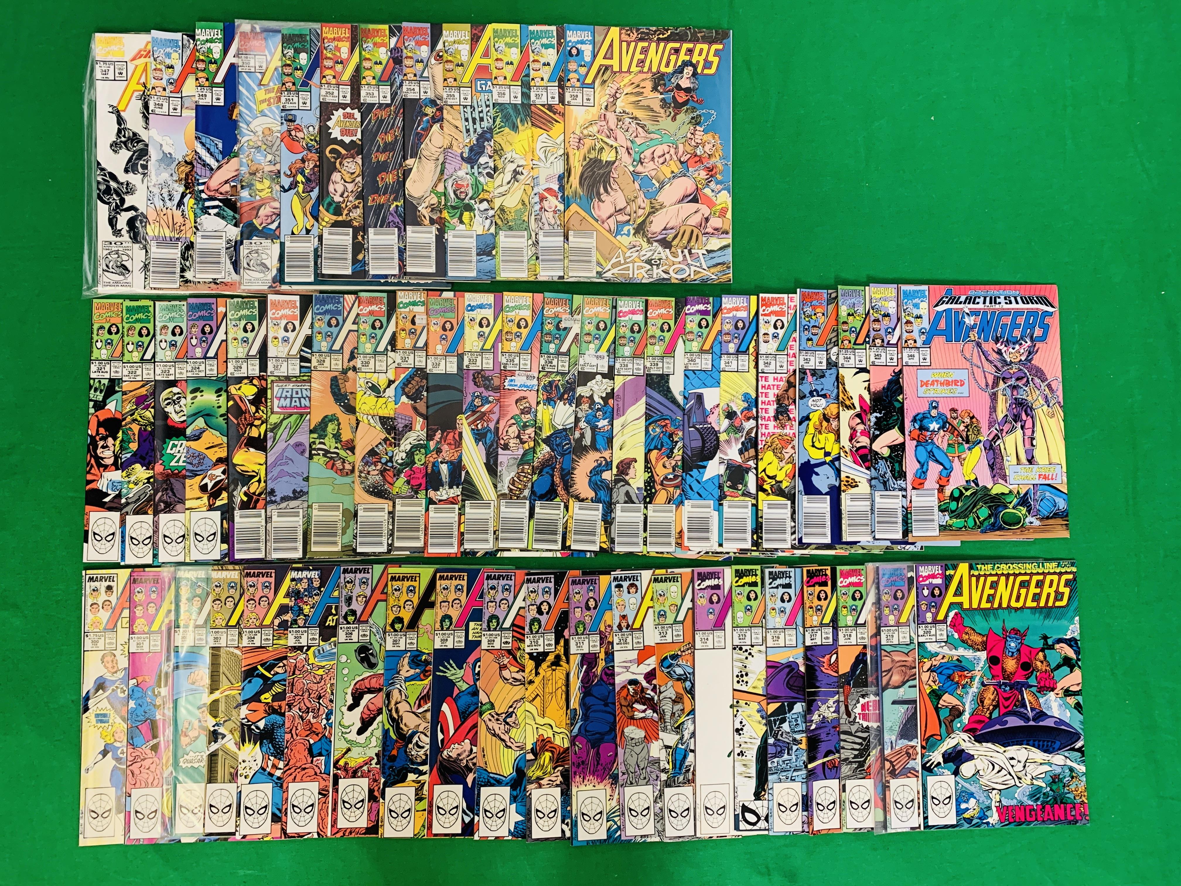 MARVEL COMICS THE AVENGERS NO. 300 - 402, MISSING ISSUES 325, 329 AND 334.
