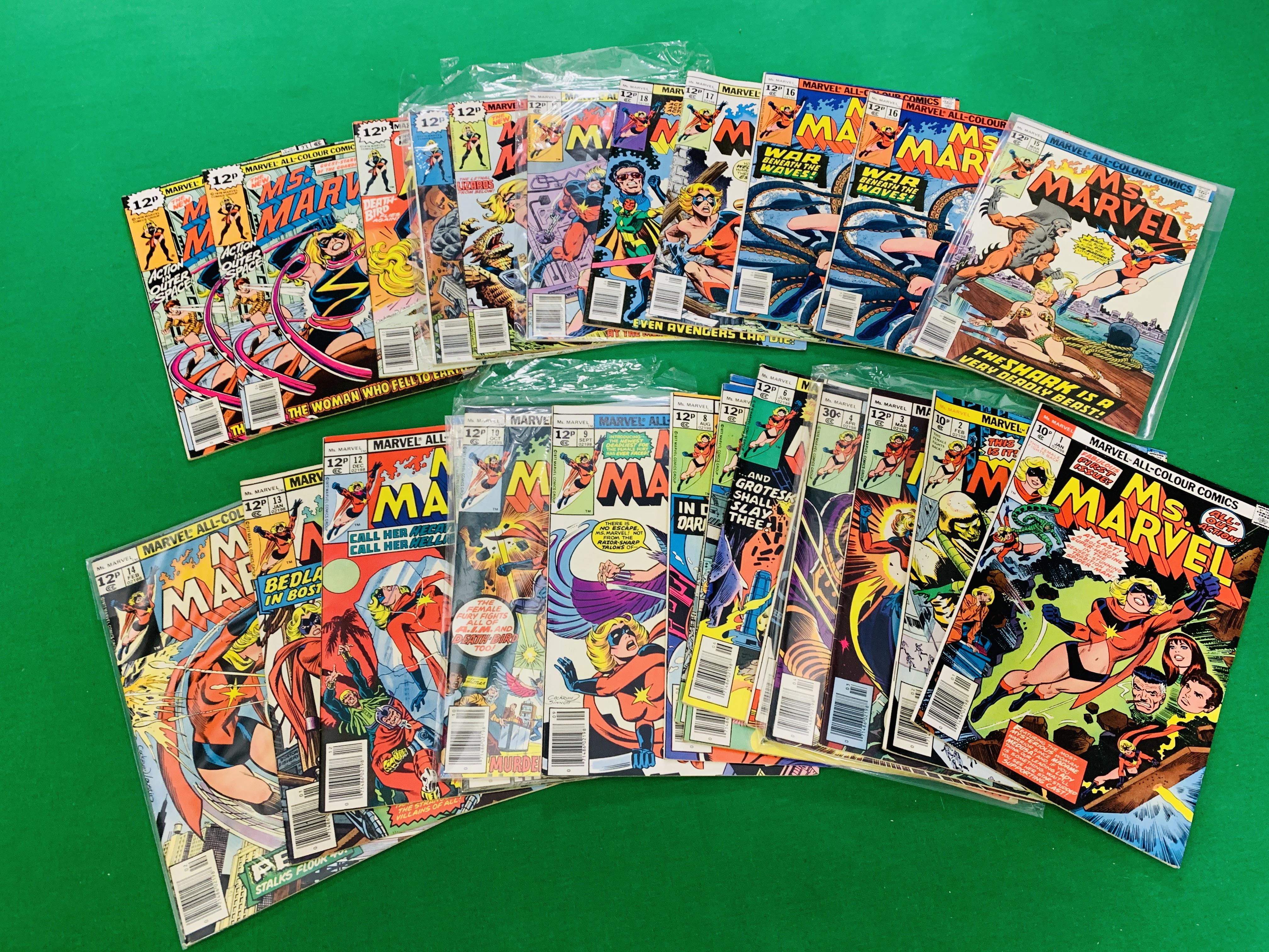 MARVEL COMICS MS MARVEL NO. 1 - 23 FROM 1977, NO. 16. FIRST CAMEO OF MYSTIQUE, NO. 18.