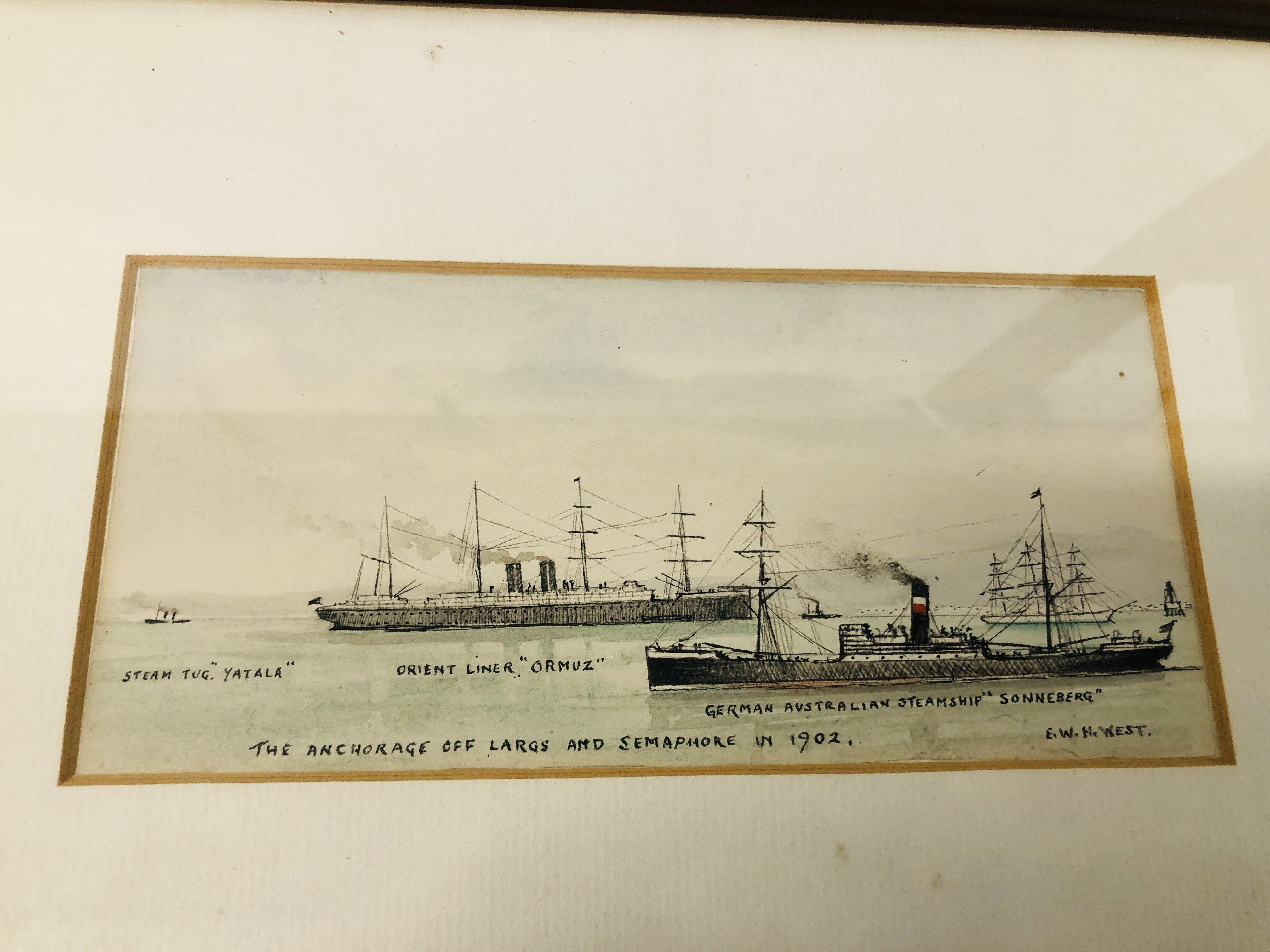 FOUR FRAMED SHIPPING SCENES TO INCLUDE WATERCOLOUR "HMS CALLEOPE" BEARING SIGNATURE M. - Image 3 of 8