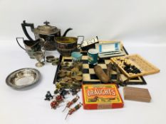 BOX OF COLLECTIBLES TO INCLUDE THREE PIECE PLATED TEA SET, VINTAGE GAMES, ASSORTED COINAGE,