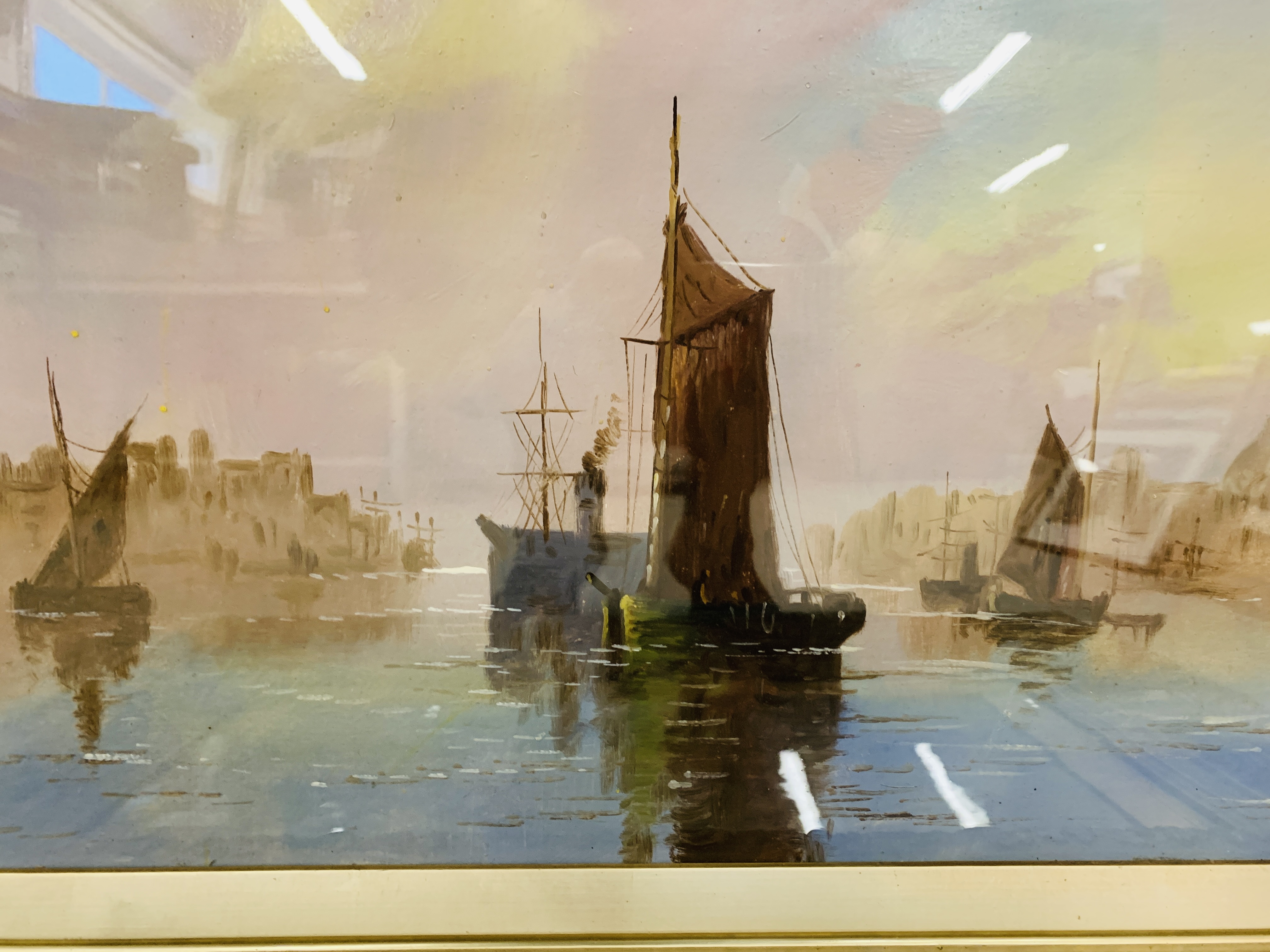 A PAIR OF GILT FRAMED OIL ON BOARD DEPICTING SAILING BOATS 59CM X 29CM. - Image 3 of 13