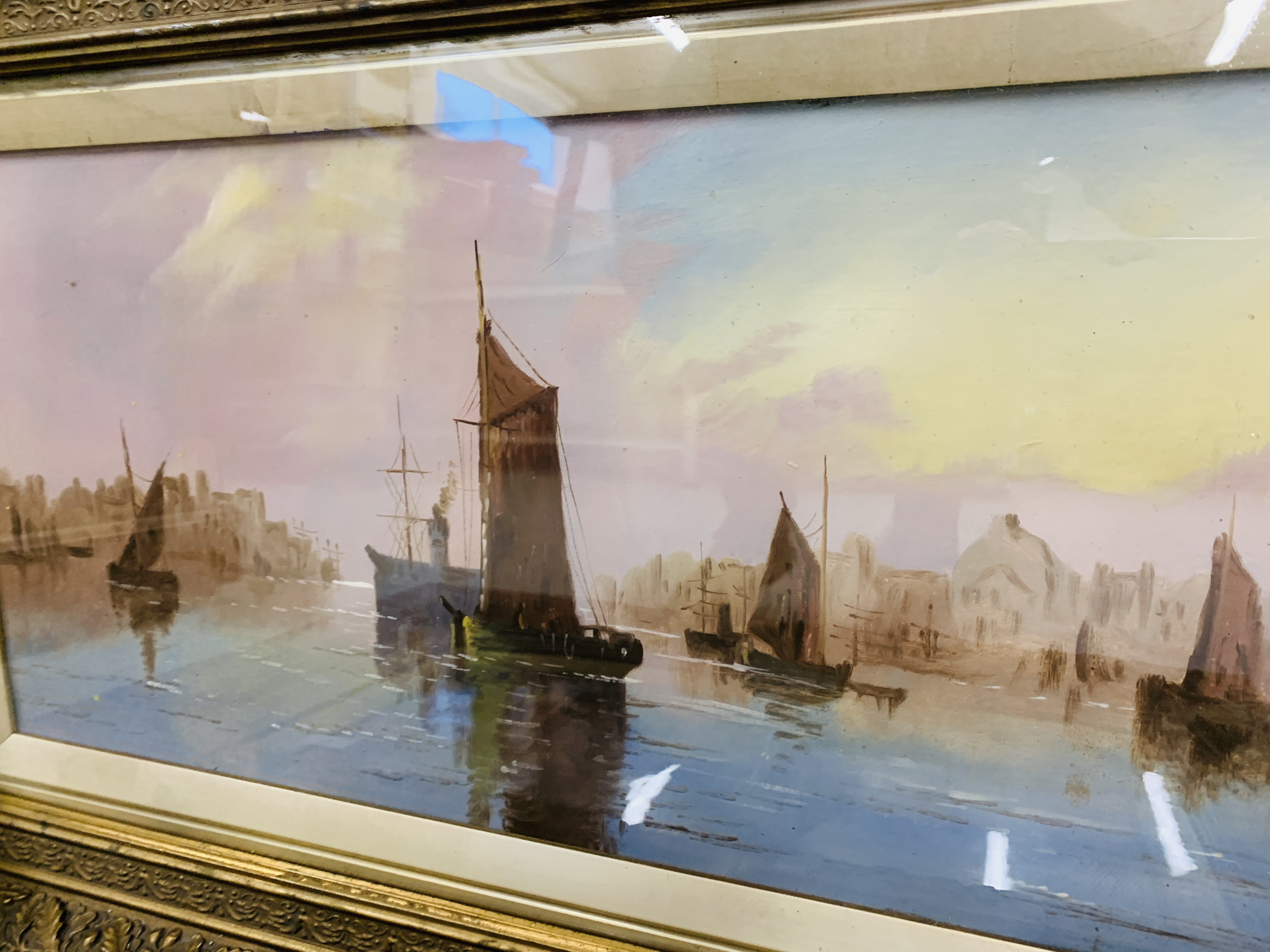 A PAIR OF GILT FRAMED OIL ON BOARD DEPICTING SAILING BOATS 59CM X 29CM. - Image 6 of 13